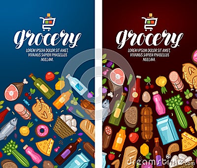 Grocery, food shop, supermarket label. Banner design template. Vector illustration Vector Illustration