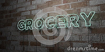 GROCERY - Glowing Neon Sign on stonework wall - 3D rendered royalty free stock illustration Cartoon Illustration