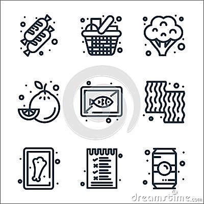 grocery line icons. linear set. quality vector line set such as drink, list, chicken leg, beef, fish, lemon, broccoli, grocery Vector Illustration