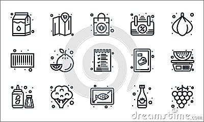 Grocery line icons. linear set. quality vector line set such as grapes, fish, salt, drink bottle, broccoli, barcode, beef, map Vector Illustration