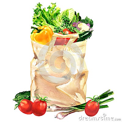 Grocery paper bag with assorted fresh vegetables products, organic healthy market food, closeup, vegetarian concept Cartoon Illustration