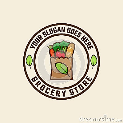 Grocery Paper Bag Emblem Stamp Label for Groceries Retail Retro Style Logo Design Template Vector Illustration