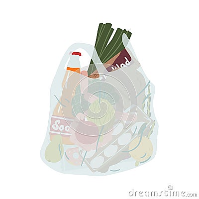 Grocery plastic package full of different food and drink vector flat illustration. Transparent disposable shopping bag Vector Illustration
