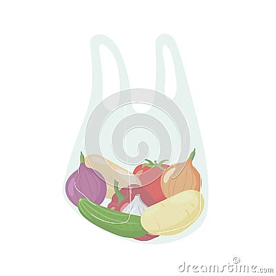 Grocery plastic package full of different vegetables vector flat illustration. Polyethylene transparent bag for carrying Vector Illustration