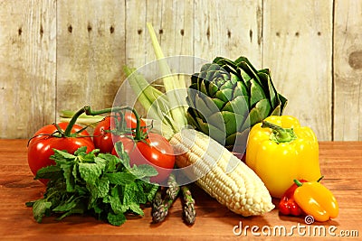 Grocery Produce Items on a Wooden Plank Stock Photo