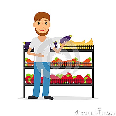 Grocery salesperson with vegetables. Vector Illustration