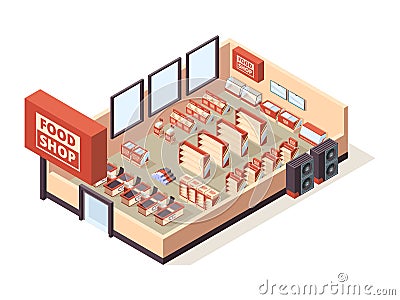 Grocery shop interior. Supermarket indoor furniture checkout tables shelves products shopping carts vector isometric Vector Illustration