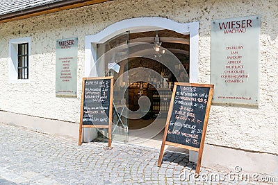 Grocery shop and liquor store in Durnstein, Wachau, Austria Editorial Stock Photo