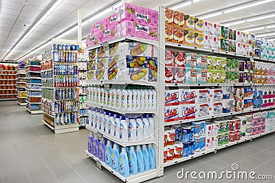 Grocery shop, shelves and products item. Shelving Editorial Stock Photo