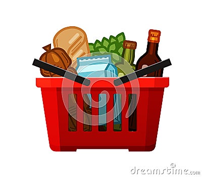 Grocery shopping. Basket, store, food and drinks icon. Cartoon vector illustration Vector Illustration