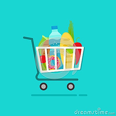 Grocery shopping cart with full of fresh products vector illustration Vector Illustration