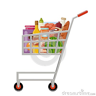 Grocery shopping cart with products. Full supermarket food basket. Supermarket Vector Illustration