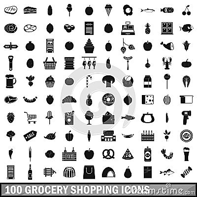 100 grocery shopping icons set, simple style Vector Illustration