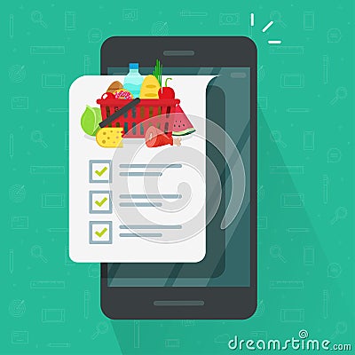 Grocery shopping list app on cellphone or smartphone vector illustration, flat cartoon mobile phone and food products Vector Illustration