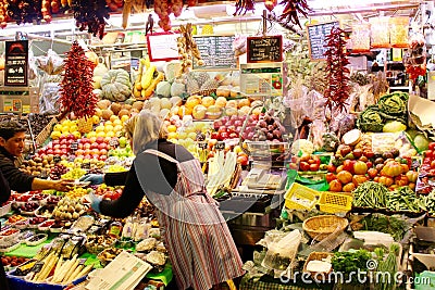 Grocery Stall at La Boqueria Market in La Rambla, Barcelona, Spain Editorial Stock Photo