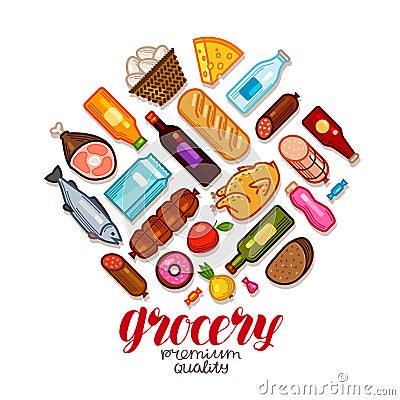 Grocery store, banner. Food and drinks icons set. Vector illustration Vector Illustration