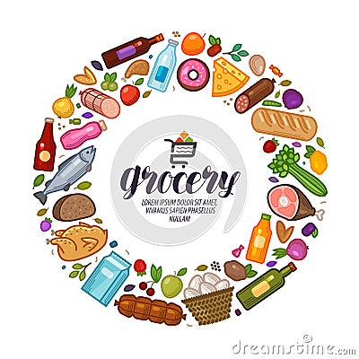 Grocery store, banner. Food, drinks set icons. Vector illustration Vector Illustration