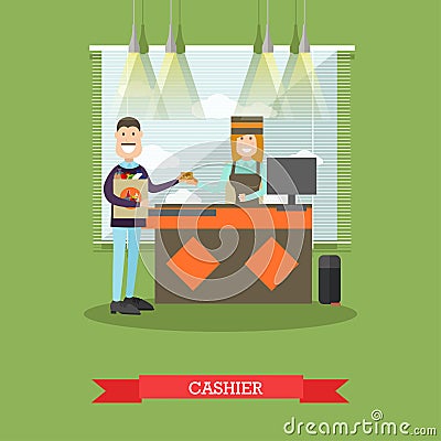 Grocery store cashier vector illustration in flat style Vector Illustration