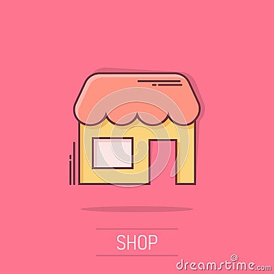 Grocery store icon in comic style. Shop building vector cartoon illustration on white isolated background. Market boutique Vector Illustration