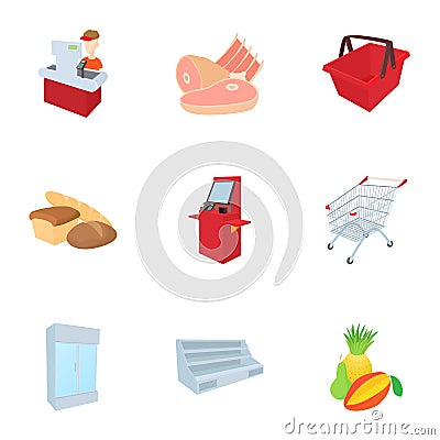 Grocery store icons set, cartoon style Vector Illustration