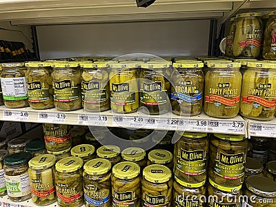 Grocery store MT Olive pickle section and prices Editorial Stock Photo