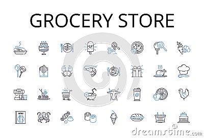 Grocery store line icons collection. Convenience store, Supermarket, Provision store, Corner shop, Market stall Vector Illustration