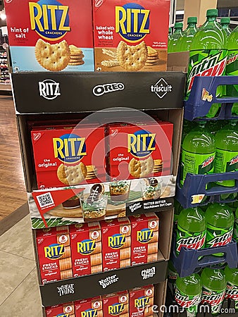 grocery store Ritz snack cracker and mtn dew display Editorial Stock Photo