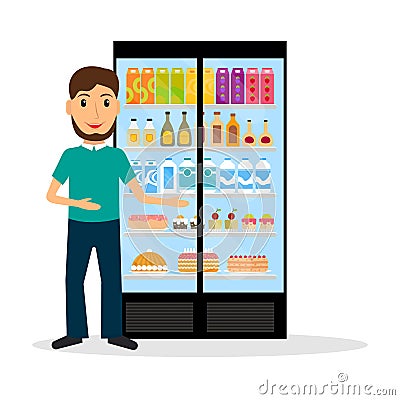 Grocery store seller against glass vitrine. Vector Illustration