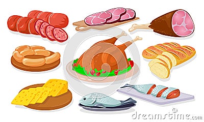Grocery store, shop assortment sausage, kielbasa, ham, gammon, wieners, salmon, bread, cheese. Vector Illustration