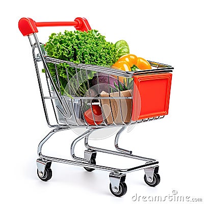 Grocery store shopping cart for e-commerce online shopping isolated on a white background, Ai Generated Stock Photo