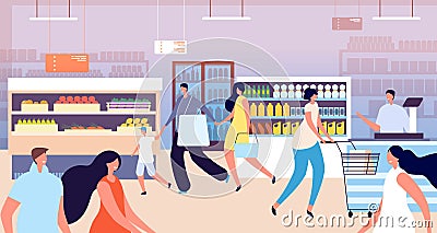 Grocery store shopping. Customer in supermarket, kid mother buy healthy food. Family people with basket, vegetable shop Vector Illustration