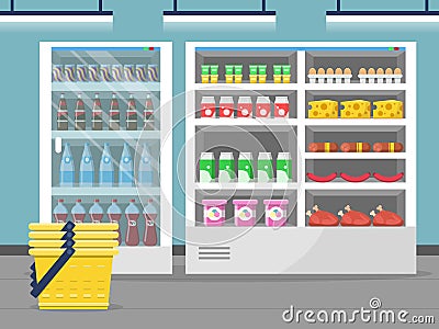 Grocery store showcase. Shop food store inside the supermarket checkout vector background Vector Illustration