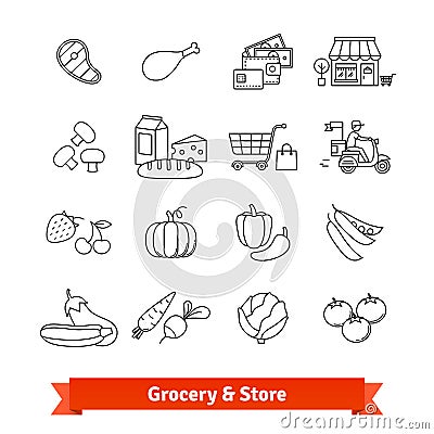 Grocery store thin line art icons set Vector Illustration