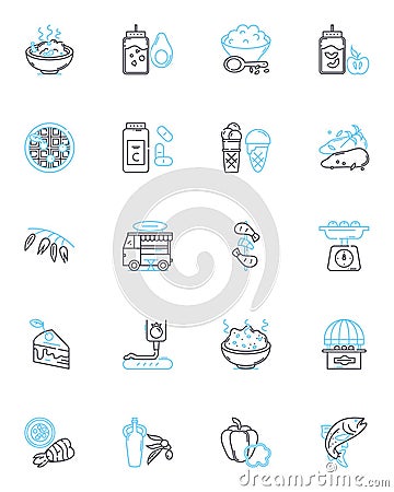 Grocery Supermarket linear icons set. Produce, Bakery, Meat, Dairy, Deli, Frozen, Canned line vector and concept signs Vector Illustration