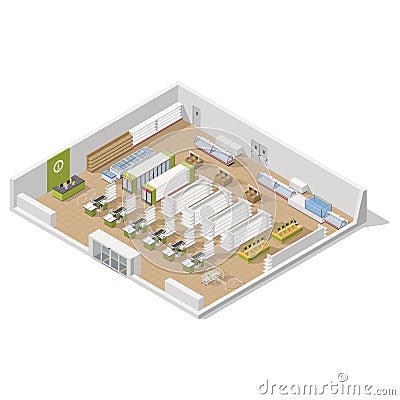 Grocery supermarket in a section inside an isometric icon set Vector Illustration