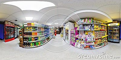 GRODNO, BELARUS - APRIL 20, 2016: Panorama interior small grocery store . Full spherical 360 by 180 degrees seamless panorama in Editorial Stock Photo