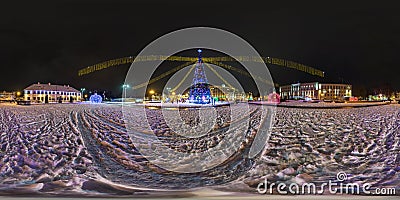 GRODNO, BELARUS - DECEMBER 2018: Full seamless night hdri panorama 360 degrees angle view on night Square with Christmas tree on Editorial Stock Photo