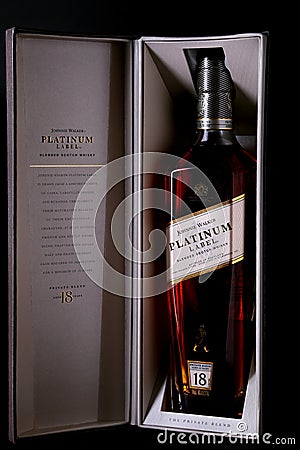 Grodno, Belarus, January 03, 2018 , Johnnie Walker Platinum label blended scotch whisky in exclusive gift box. Private Editorial Stock Photo