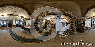 GRODNO, BELARUS - MAY 13, 2015: Full 360 equirectangular equidistant panorama in a wooden hut guerrilla with a stove Editorial Stock Photo