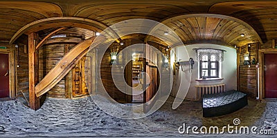 GRODNO, BELARUS - MAY 2019: Full spherical seamless hdri panorama 360 degrees inside interior of old medieval hallway in wooden Editorial Stock Photo