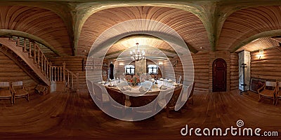 GRODNO , BELARUS - MAY 26, 2010: panorama inside interior of luxury stylish wooden banket hall. Full 360 degree seamless panorama Editorial Stock Photo