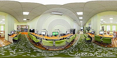 GRODNO, BELARUS - MAY 3, 2016: Panorama in interior modern computer class for children. Full spherical 360 by 180 degrees seamless Editorial Stock Photo