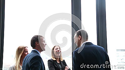 Groep bedrijfsmensen die zich in de zaal, het spreken en het lachen bevinden stock footage Groep bedrijfsmensen die zich in de zaal, het spreken en het lachen bevinden stock footage