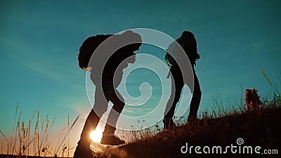 groepswerk Twee wandelaars die van zonsopgang genieten die vanaf bovenkant van een berg en een hond lopen langzame geanimeerde vi stock footage groepswerk Twee wandelaars die van zonsopgang genieten die vanaf bovenkant van een berg en een hond lopen langzame geanimeerde vi stock footage