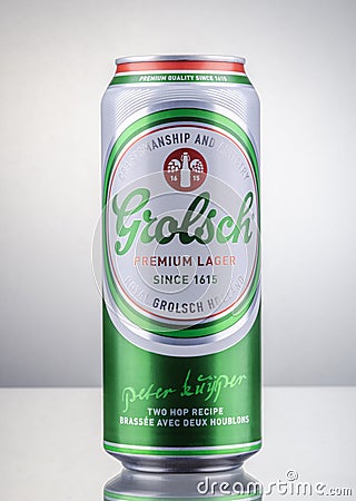 Grolsch premium lager beer isolated on gradient background. Editorial Stock Photo