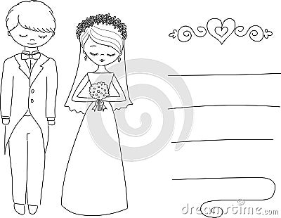 Groom and bride cartoon characters. Vector Illustration