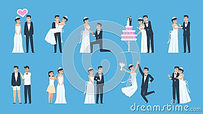 Groom and bride. Cartoon wedding couple in different scenes, preparing and celebrating. Vector dancing kissing and Vector Illustration