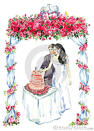 Groom and bride cutting pink wedding cake under gazebo decorated with red roses and two kissing pigeons on the top Cartoon Illustration