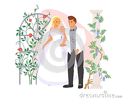 Groom and bride wearing ceremonial dress and suit vector illustration Vector Illustration