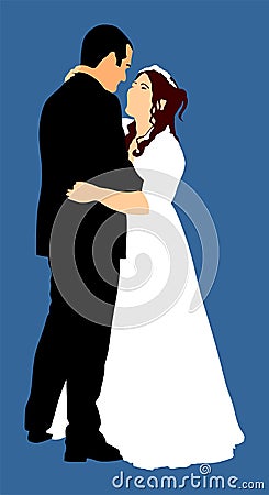 Groom and bride wedding day, in dress and suit vector illustration. Young wedding couple. Dancing at the wedding. Couple in love. Vector Illustration
